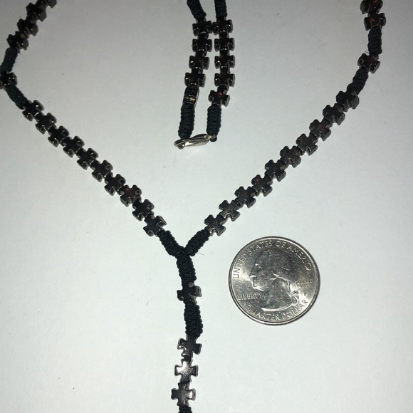 Vintage Silver Tone & Dark Metal Tone Beaded Boho Religious Cross Necklace - Picture 3 of 6